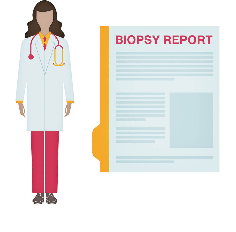 显示一名女医生旁边文件BiopsyReport显示生物检验结果文件